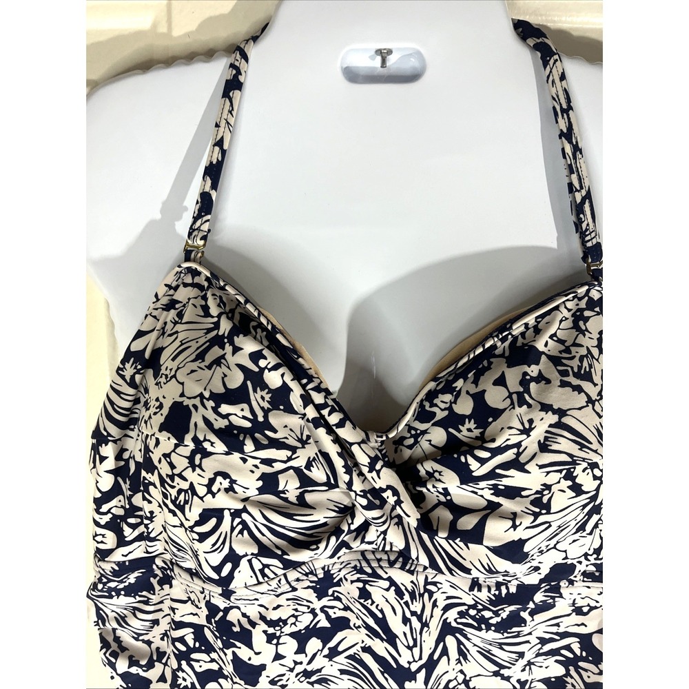 Shore Shapes Navy/Cream Tummy Control Skirted Ruched One-Piece Swimsuit Size 14 - Picture 2 of 10